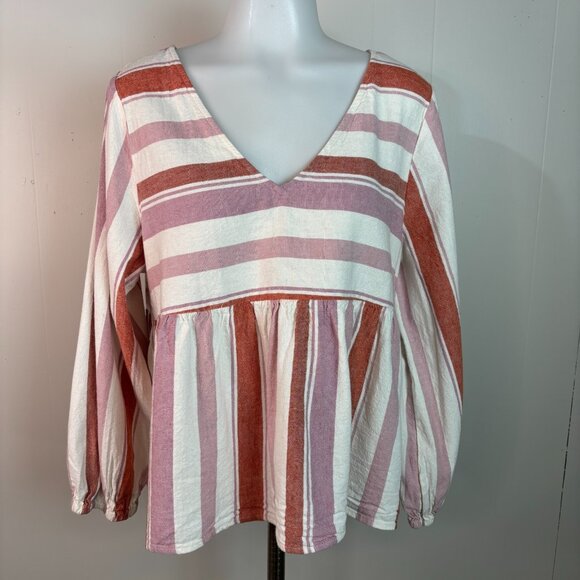 American Eagle Babydoll Tunic Top Large White Pink Striped V-Neck Cotton Blend - Picture 2 of 9
